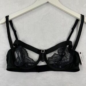 Adore Me AD-1619WB Black Lace Open Cup Strappy Bra Rhinestone Buckle Large NWT